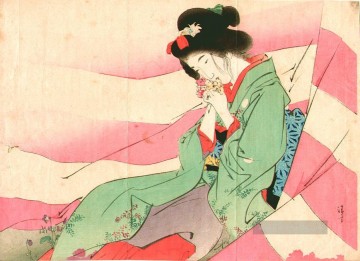 Japanische Werke - bijin in pink and white curtain 1903 Japanese